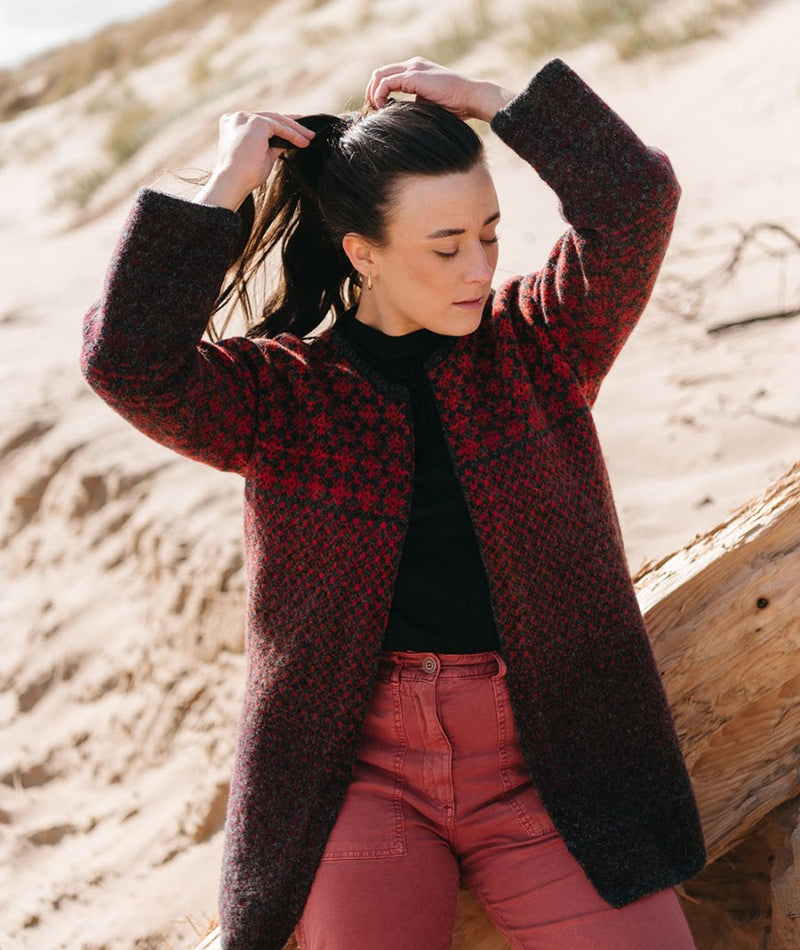 long fair isle cardigan coat red grey wool