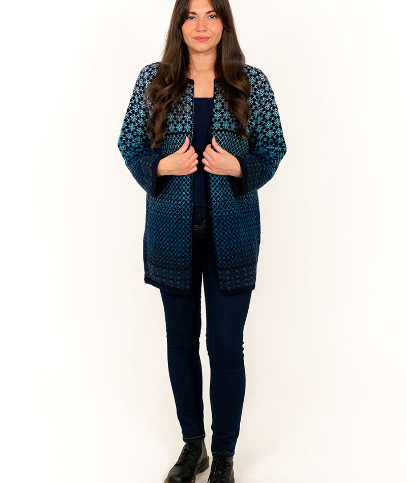 long kimono cardigan navy blue wool fair isle coatigan made in Britain