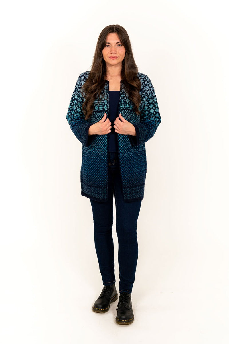 long kimono cardigan navy blue wool fair isle coatigan made in Britain
