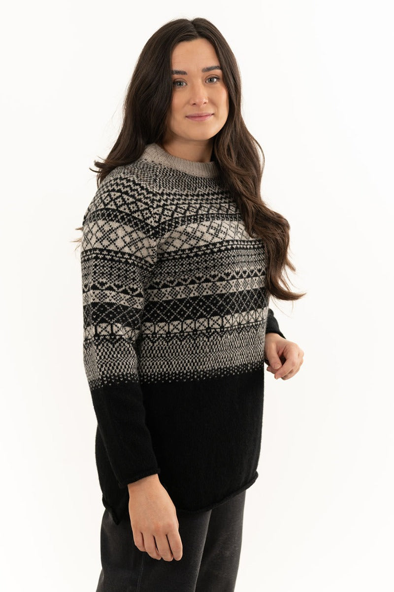 ladies wool shetland jumper long length black beige