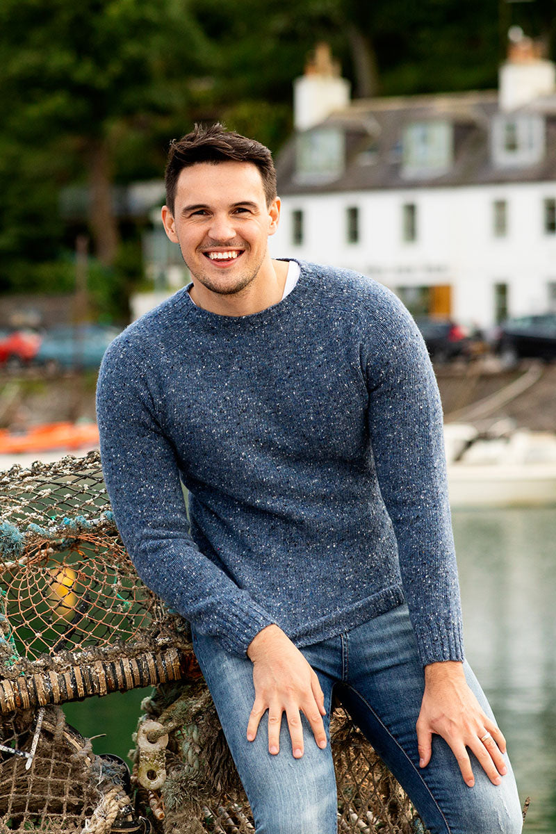 Mens blue donegal merino wool jumper sweater