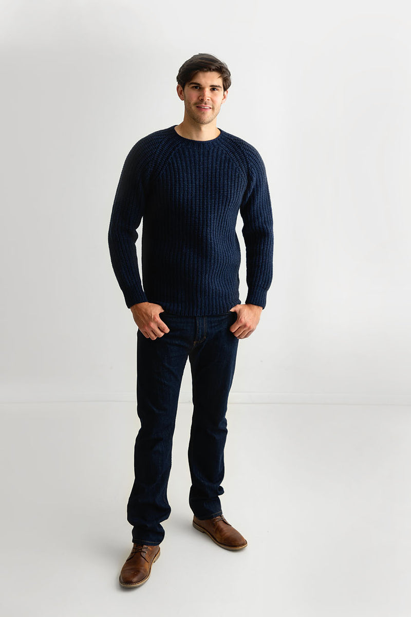 mens super fine lambs wool jumper sweater navy blue fisherman rib