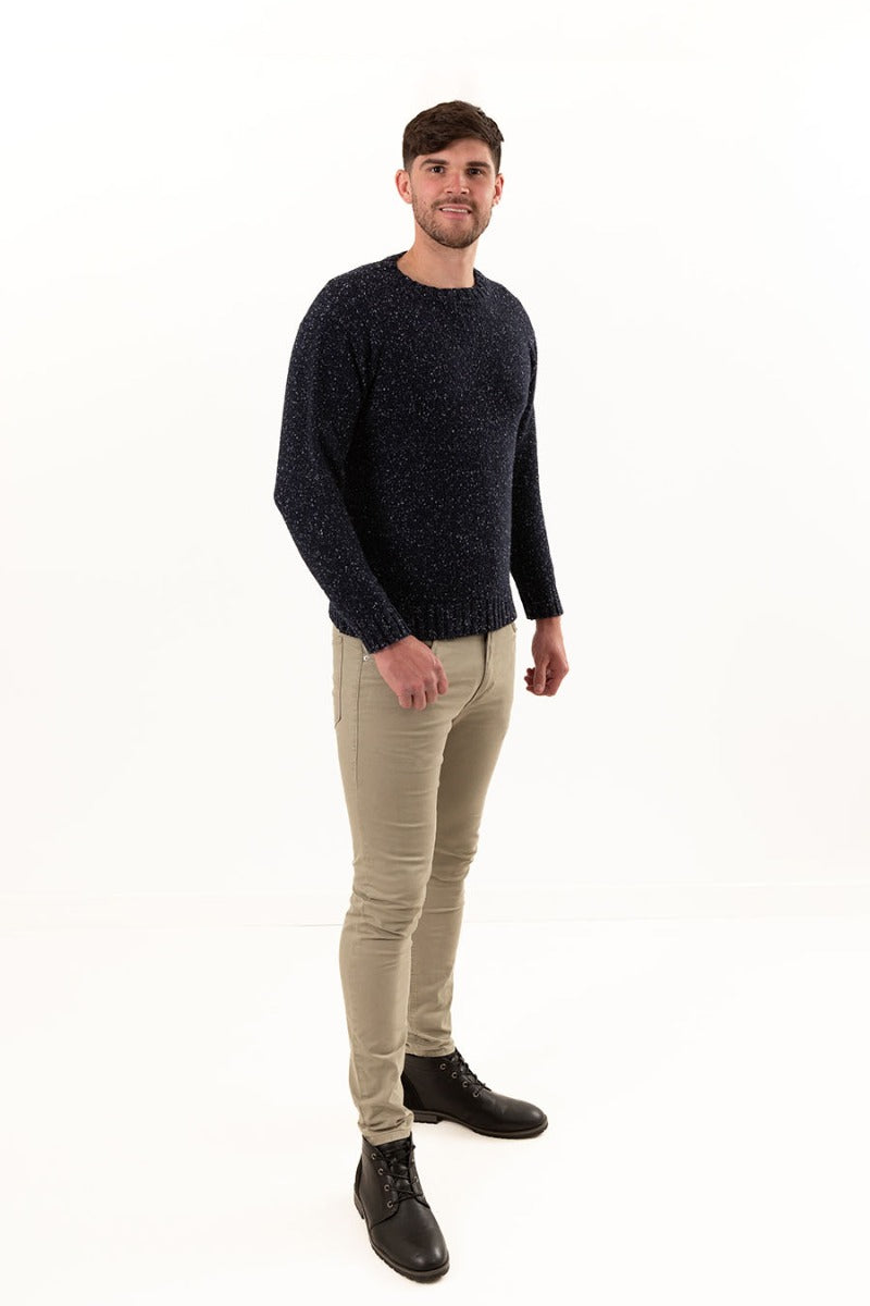 mens blue flecked wool jumper sweater crew neck chunky navy