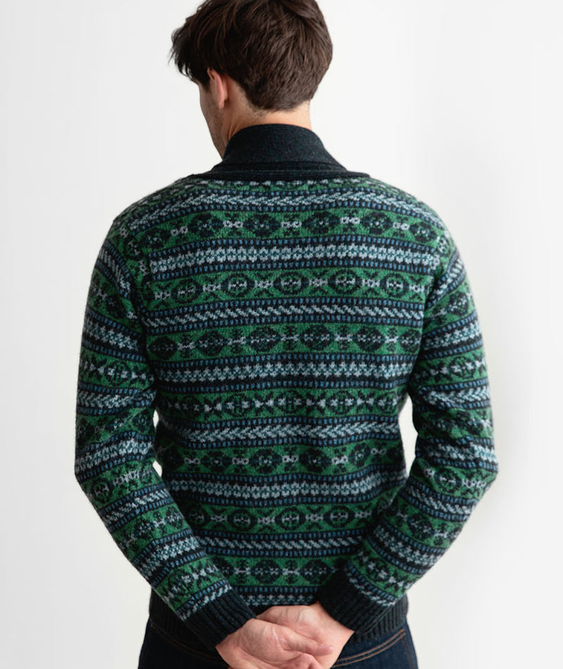 mens fair isle green wool jumper sweater shawl collar Lerwick
