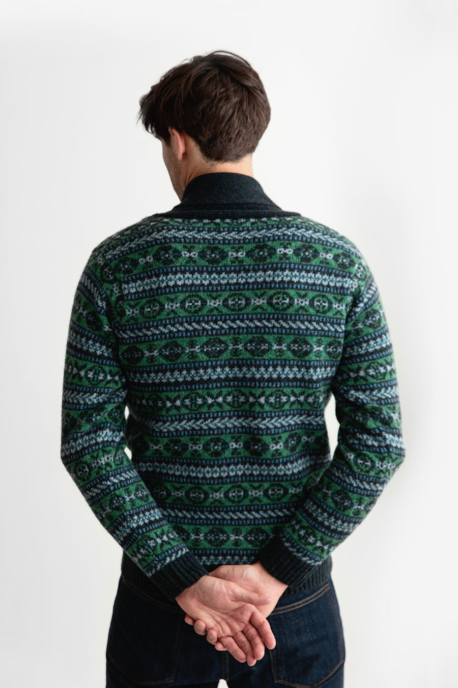 mens fair isle green wool jumper sweater shawl collar Lerwick