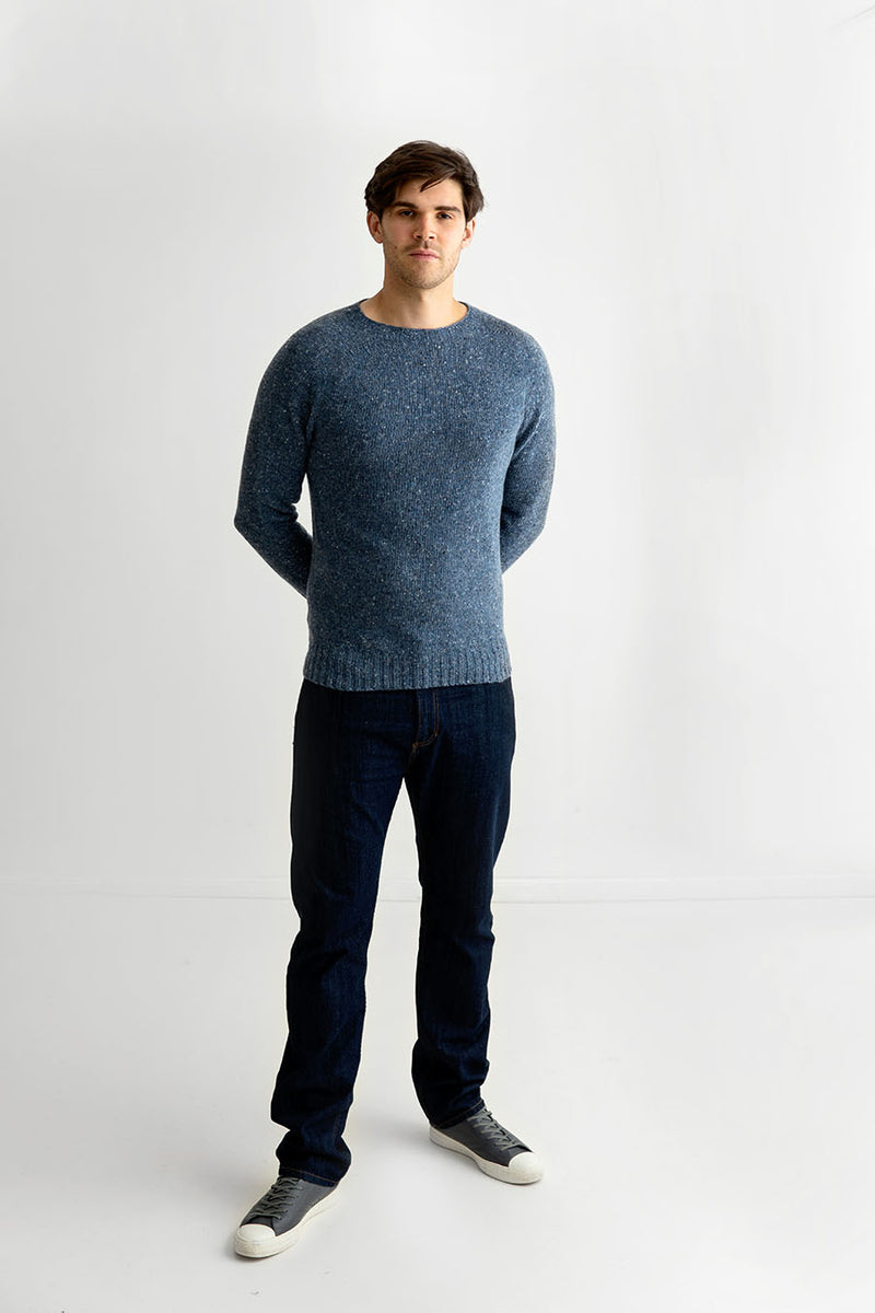 Mens Donegal merino wool saddle shoulder jumper denim blue