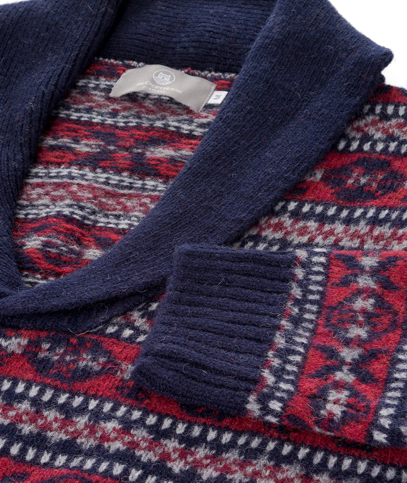 Mens fair isle jumper blue red shawl collar lerwick - cu