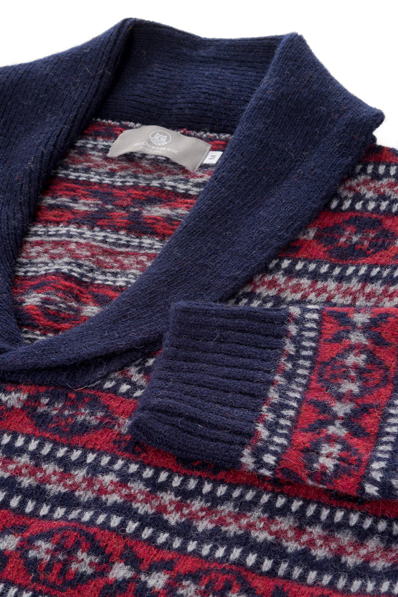 Mens fair isle jumper blue red shawl collar lerwick - cu