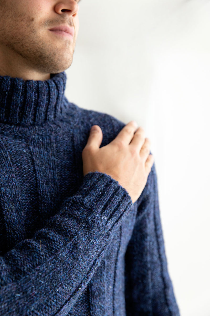 mens blue chunky scottish wool polo neck jumper sweater