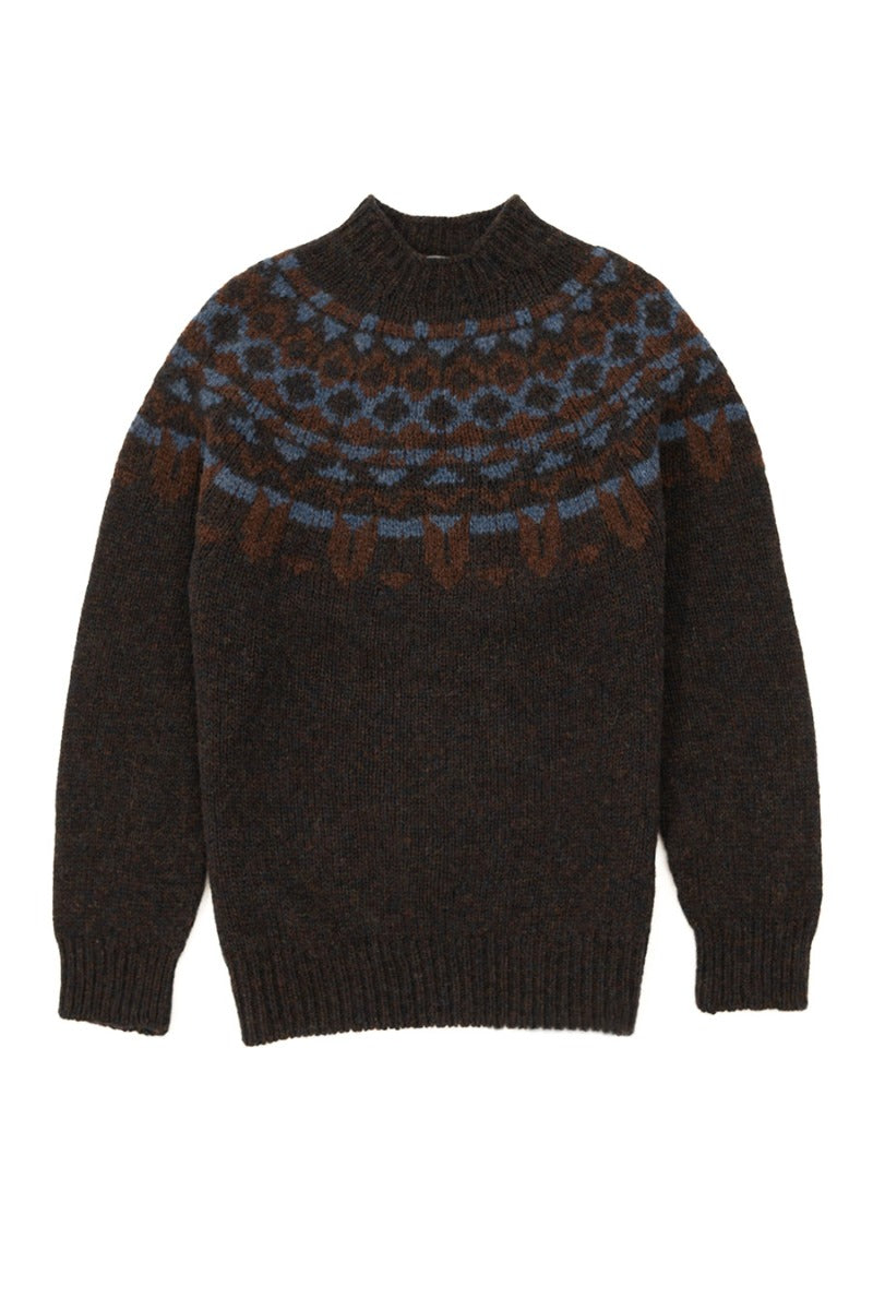 mens brodgar fair isle yoke jumper chocolate brown