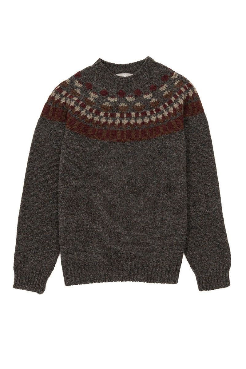 mens staffa yoke fair isle jumper grey red