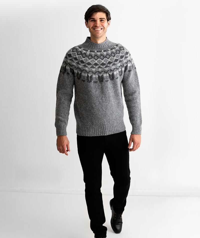 Mens brodgar yoke grey fair isle jumper sweater