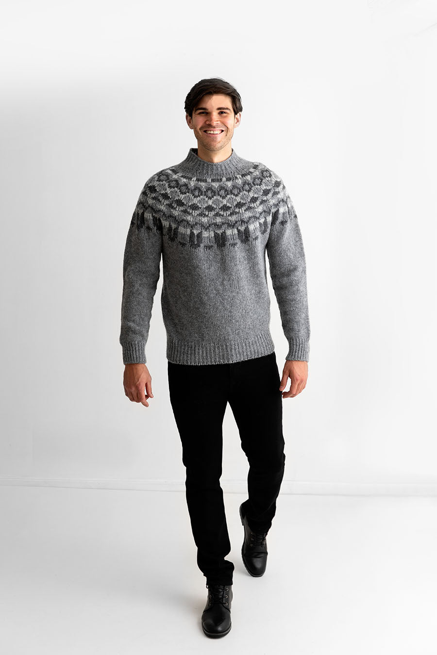 Mens brodgar yoke grey fair isle jumper sweater