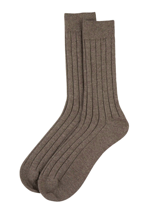 A pair of mens knitted cashmere socks in otter brown on a white background