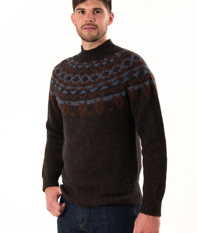 mens brown wool fair isle sweater jumper brodgar blue yoke brodgar