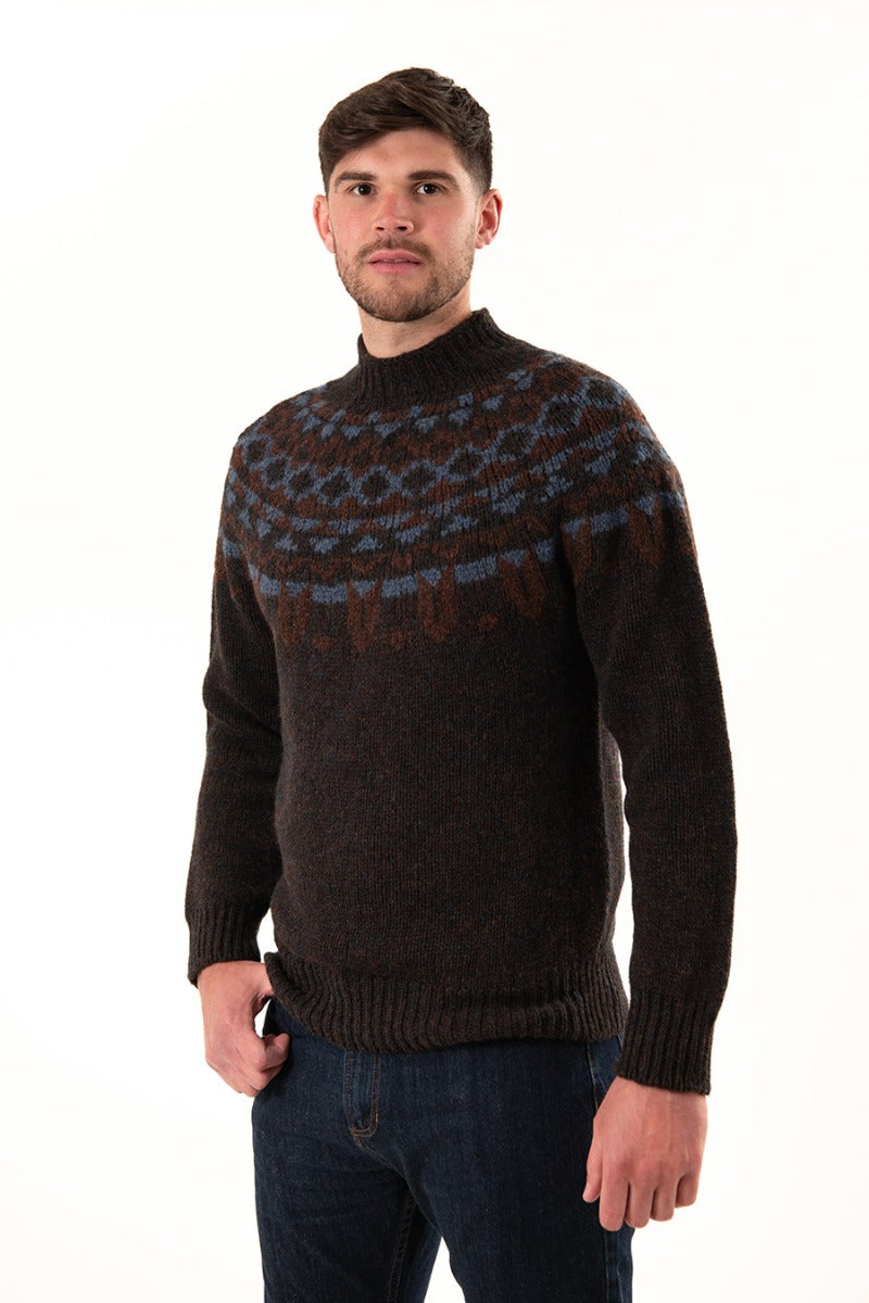 mens brown wool fair isle sweater jumper brodgar blue yoke brodgar