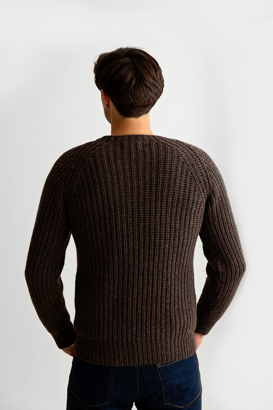 mens brown fisherman rib jumper sweater lambs wool back