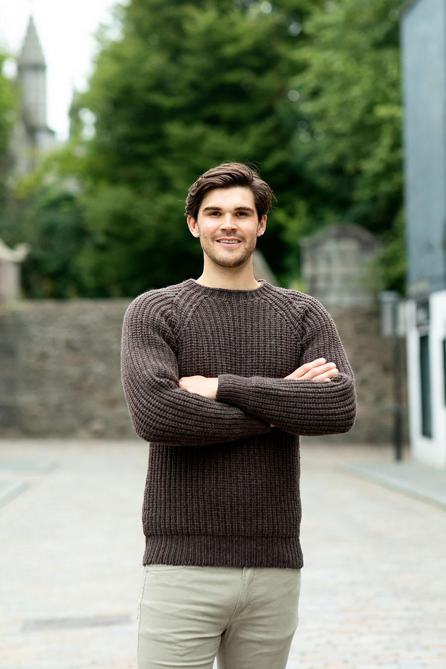mens brown lambs wool fisherman rib jumper sweater