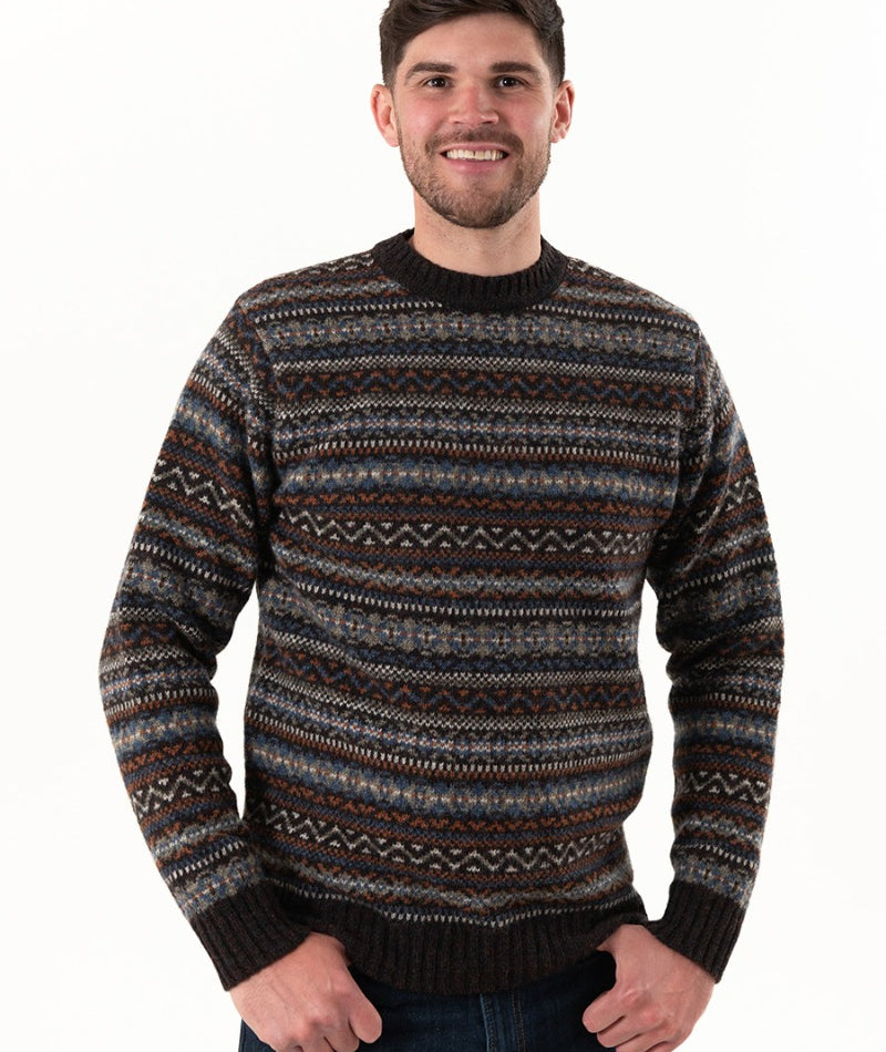 mens brown wool fair isle jumper rust blue kinnaird
