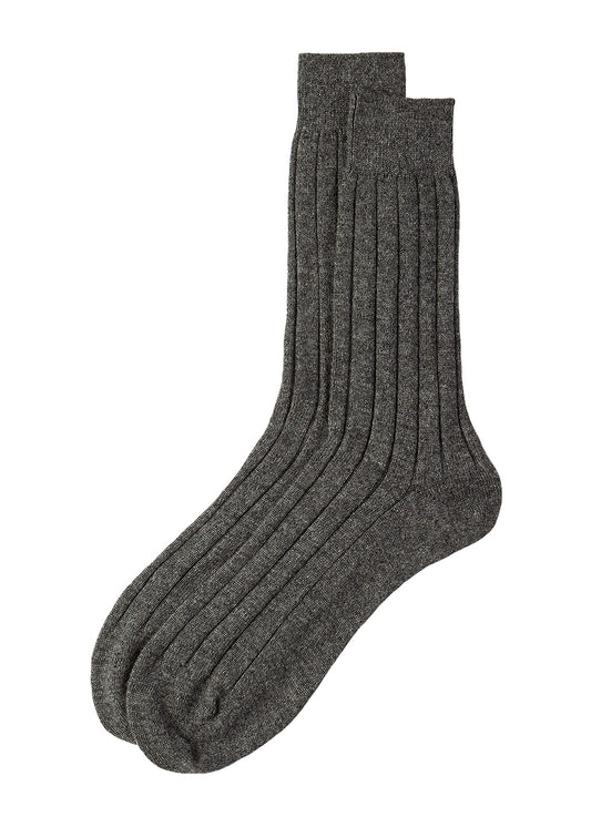 A pair of mens knitted mid grey ribbed cashmere socks on a white background