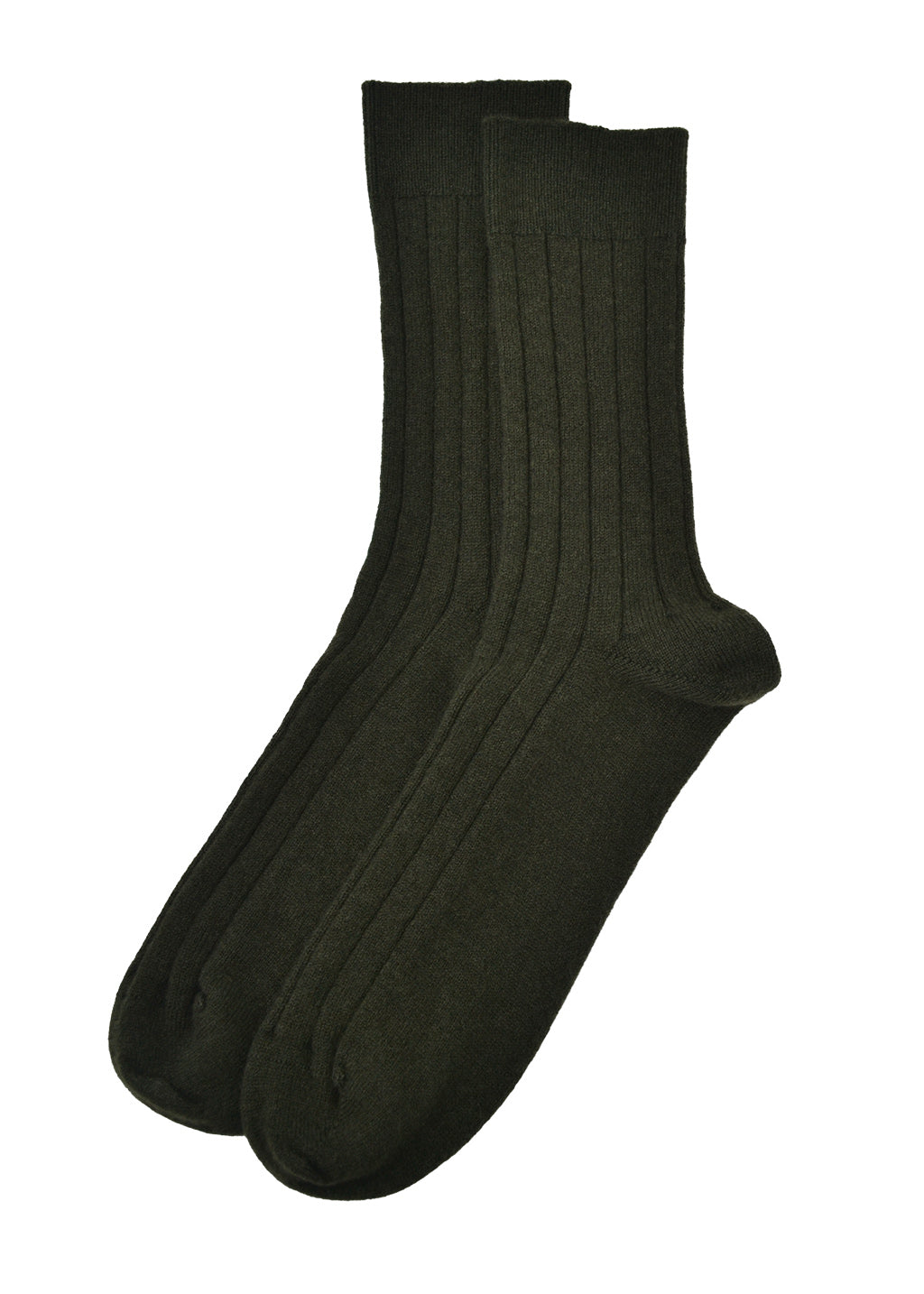 A pair of mens ribbed cashmere socks in dark khaki green on a white background