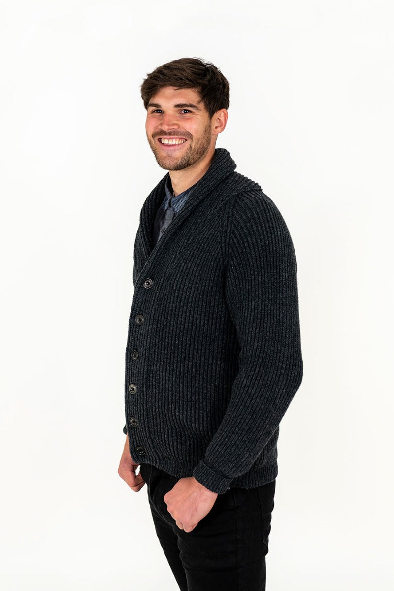 mens charcoal grey ribbed shawl collar cardigan wool