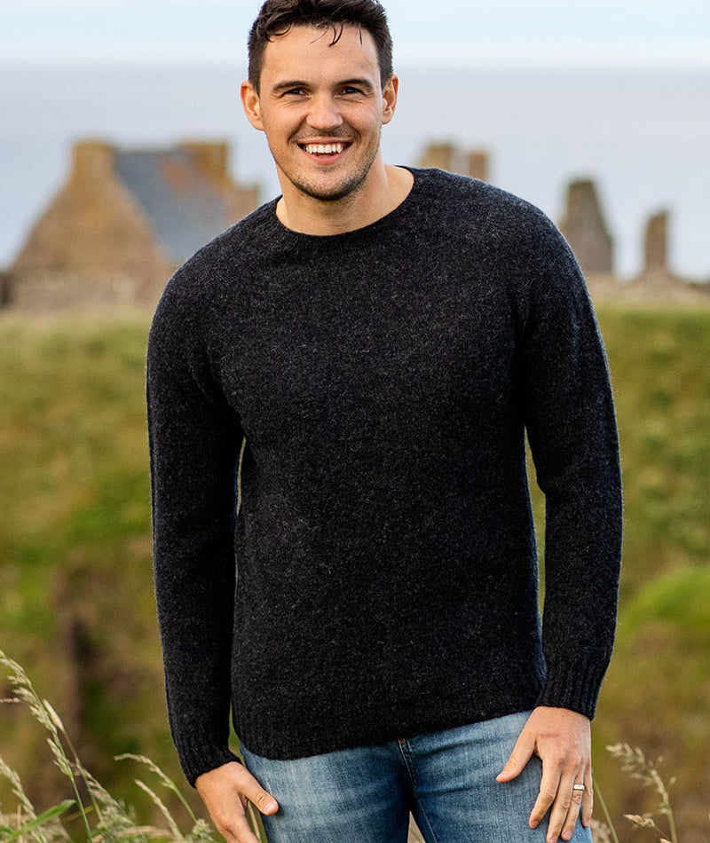Mens grey shetland sweater jumper charcoal saddle shoulder