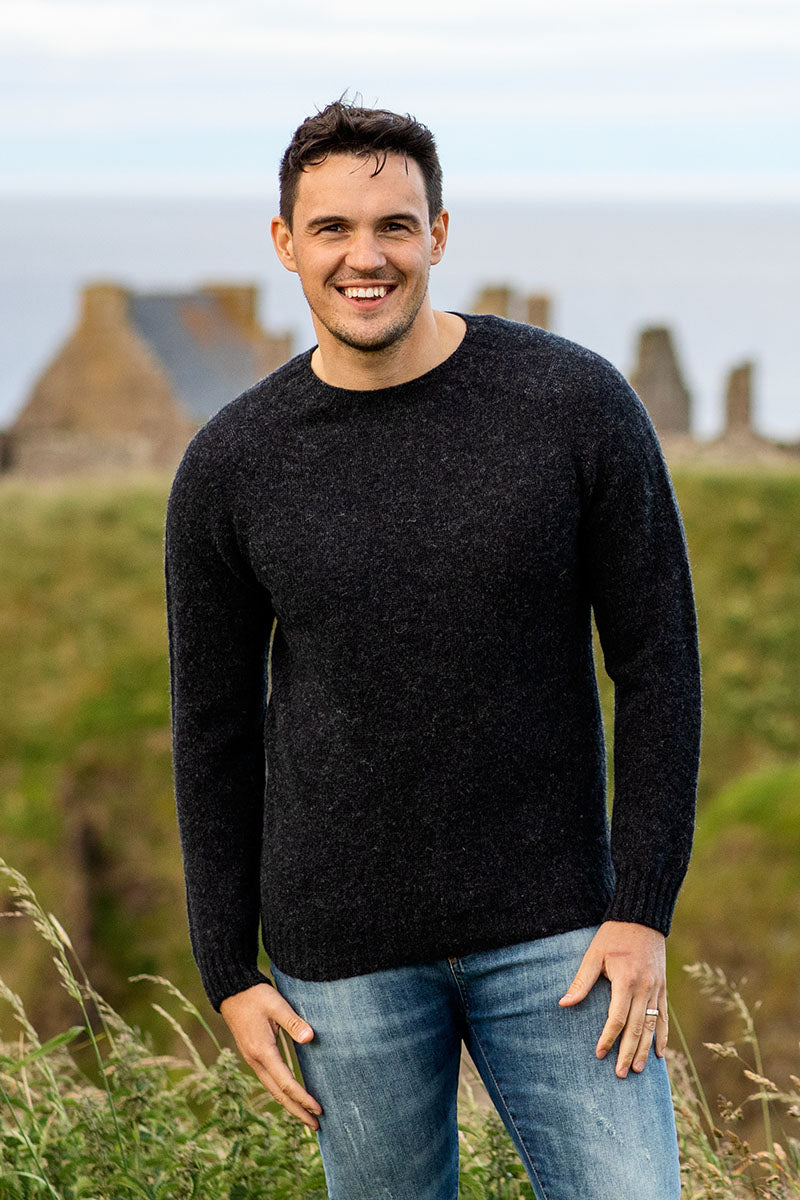 Mens grey shetland sweater jumper charcoal saddle shoulder