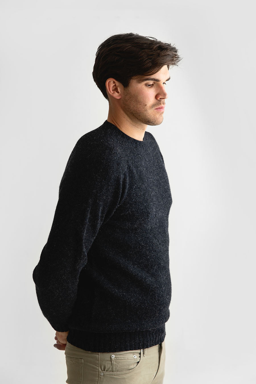 Mens charcoal grey shetland saddle shoulder jumper sweater