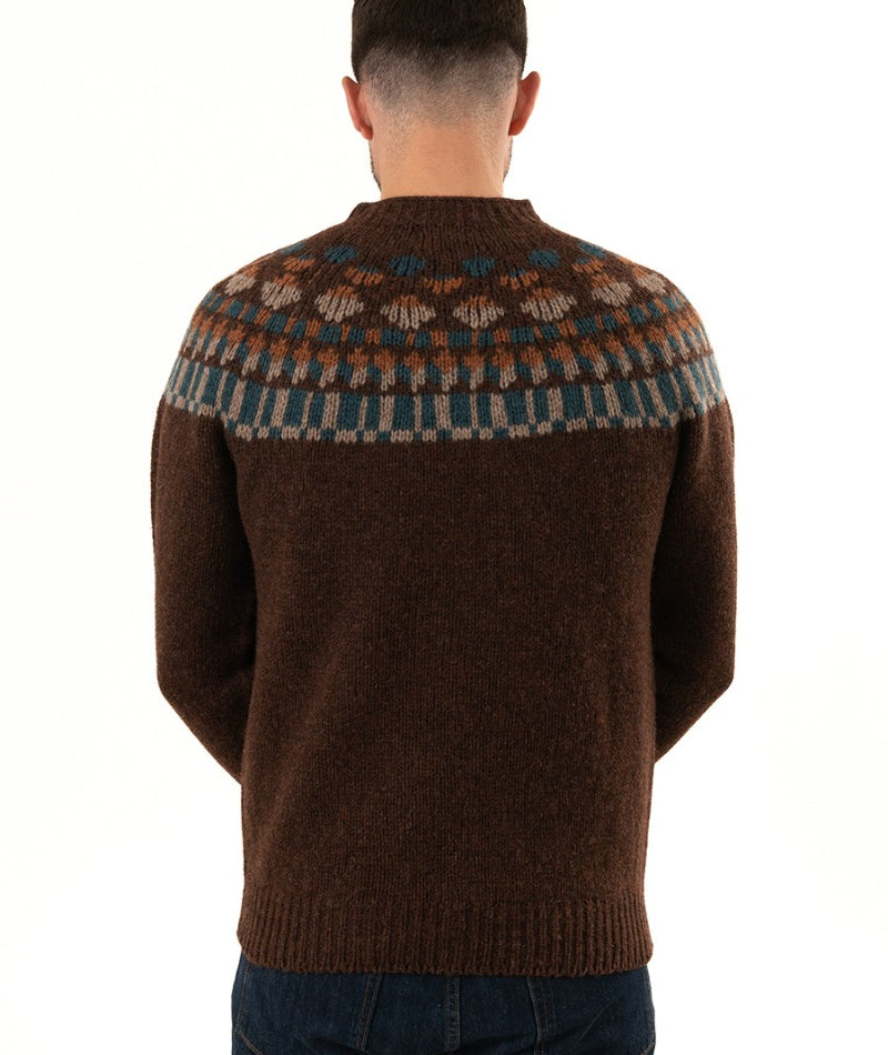 mens chunky fair isle jumper sweater coffee brown staffa