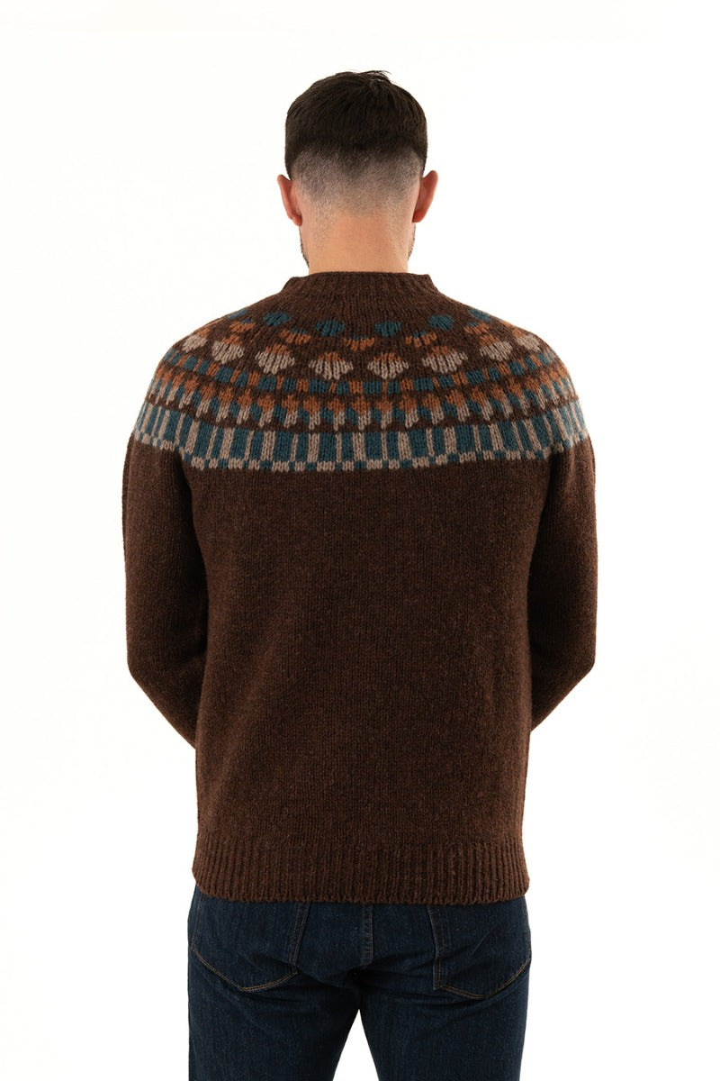 mens chunky fair isle jumper sweater coffee brown staffa