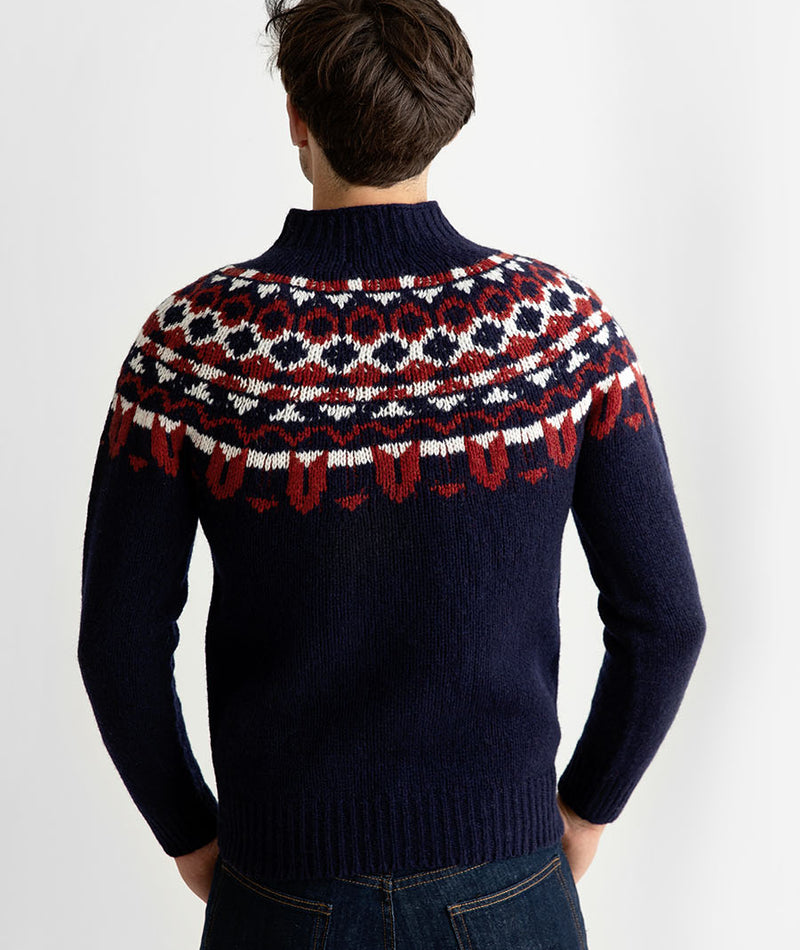 mens brodgar yoke fair isle jumper sweater navy blue red wool