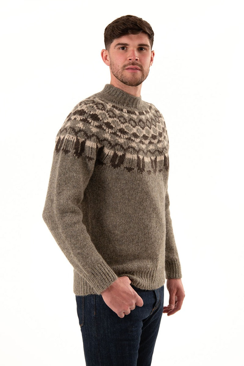 mens chunky fair isle yoke jumper beige brown brodgar