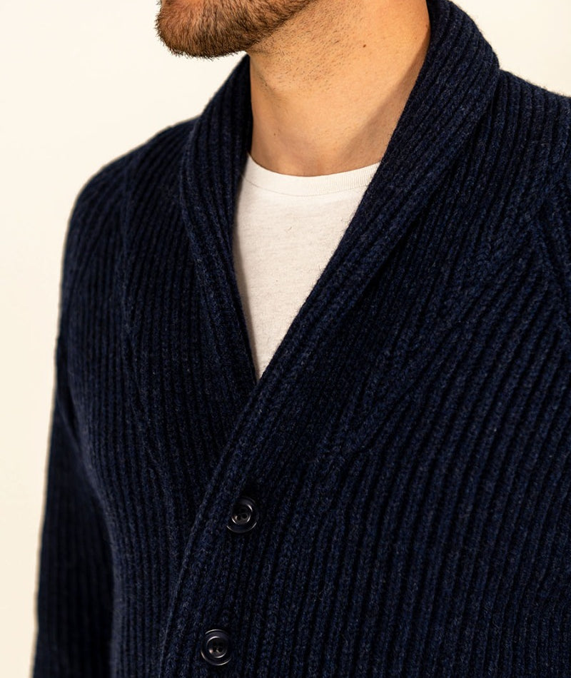 mens chunky ribbed shawl collar cardigan navy blue corozo buttons