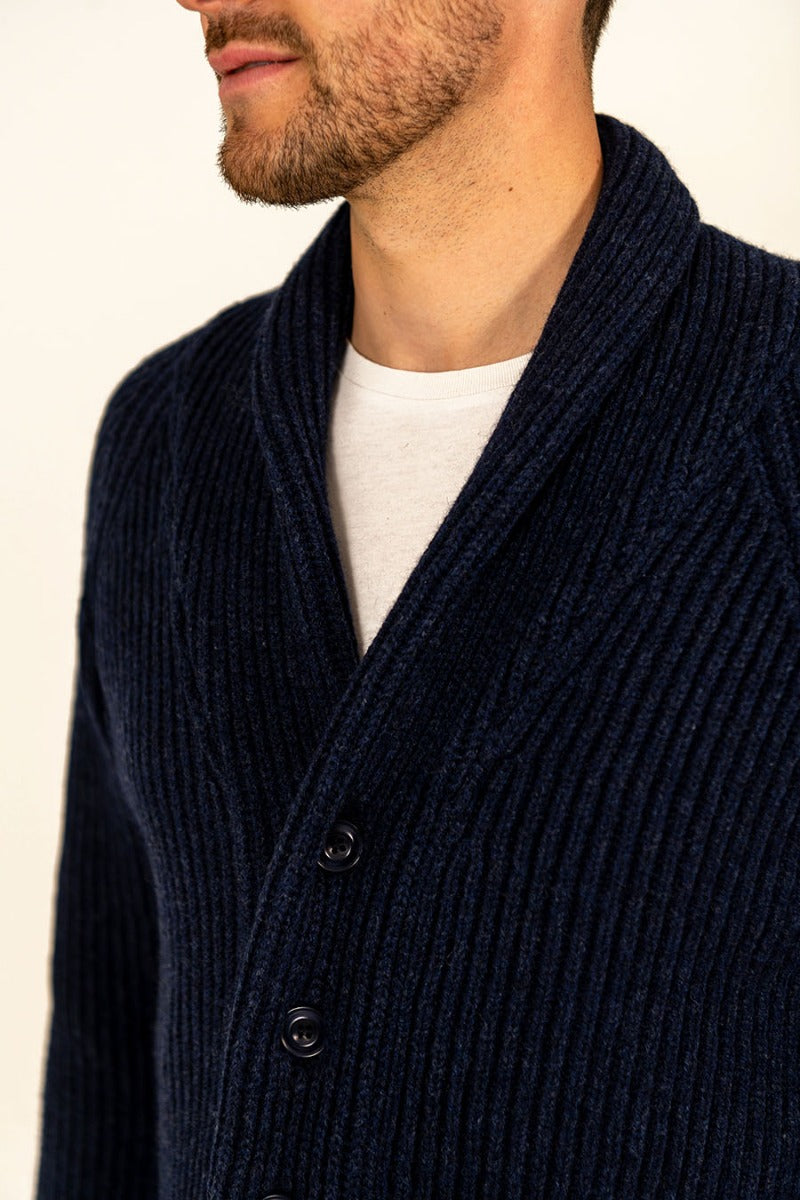 mens chunky ribbed shawl collar cardigan navy blue corozo buttons