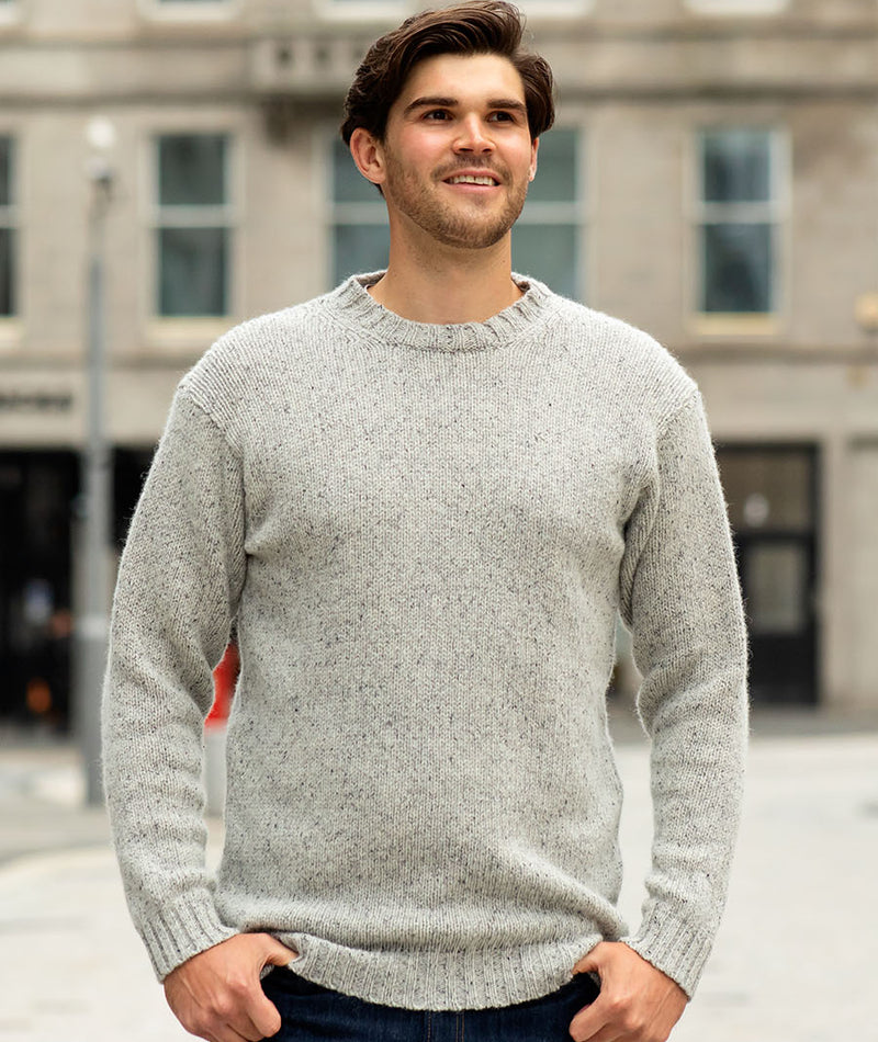 mens chunky scottish wool jumper sweater crew neck limestone grey