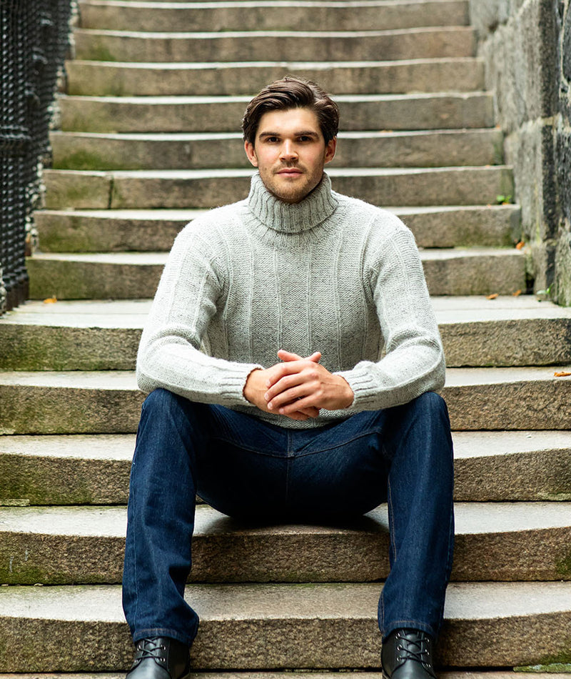 mens chunky scottish wool polo neck jumper sweater limestone grey