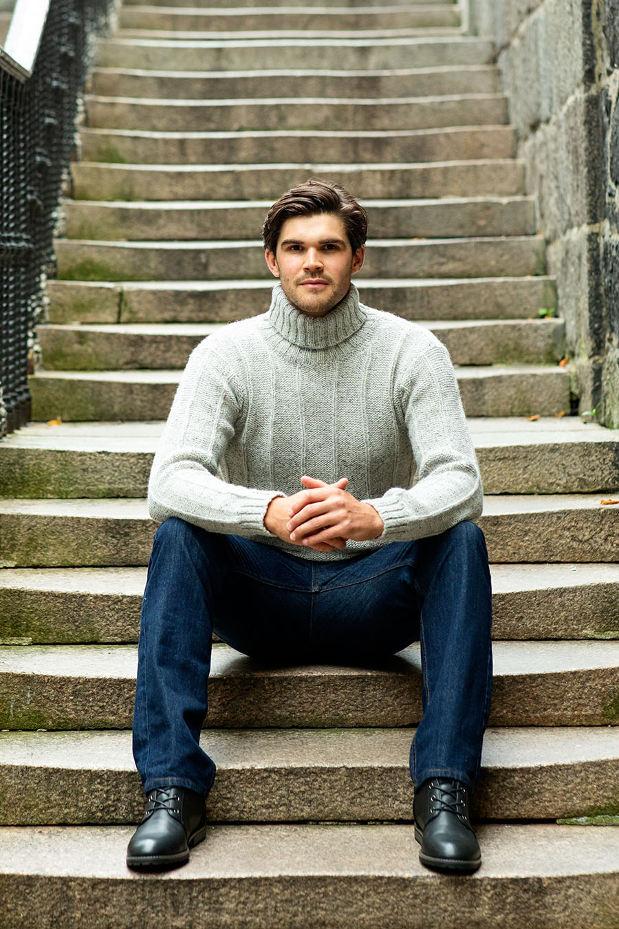 mens chunky scottish wool polo neck jumper sweater limestone grey