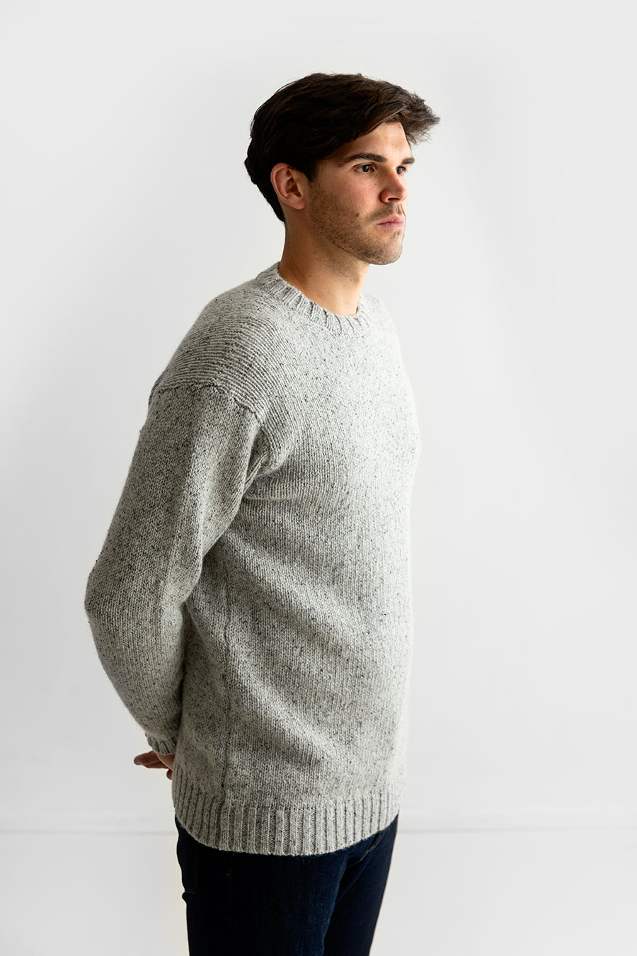 mens crew neck chunky wool jumper sweater light grey limestone