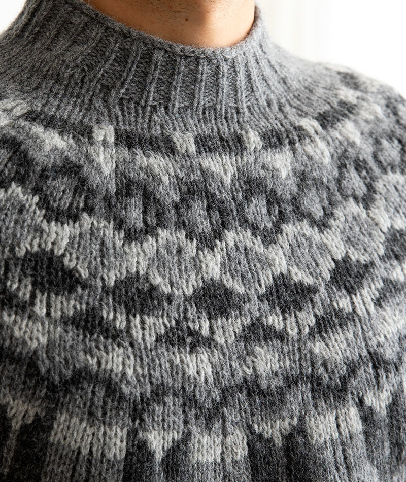 Mens grey chunky wool fair isle yoke jumper sweater brodgar