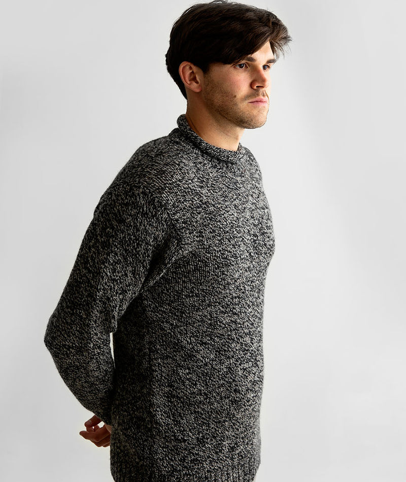 mens chunky black wool jumper sweater roll neck marl