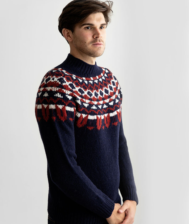 mens navy blue fair isle jumper sweater chunky wool yoke brodgar