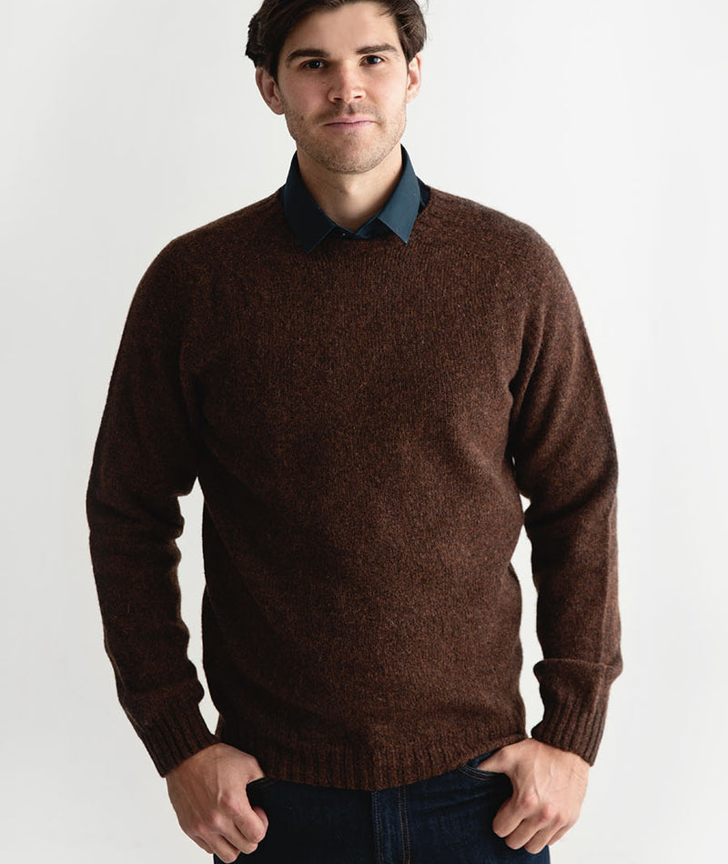 mens coffee brown shetland wool jumper sweater saddle shoulder