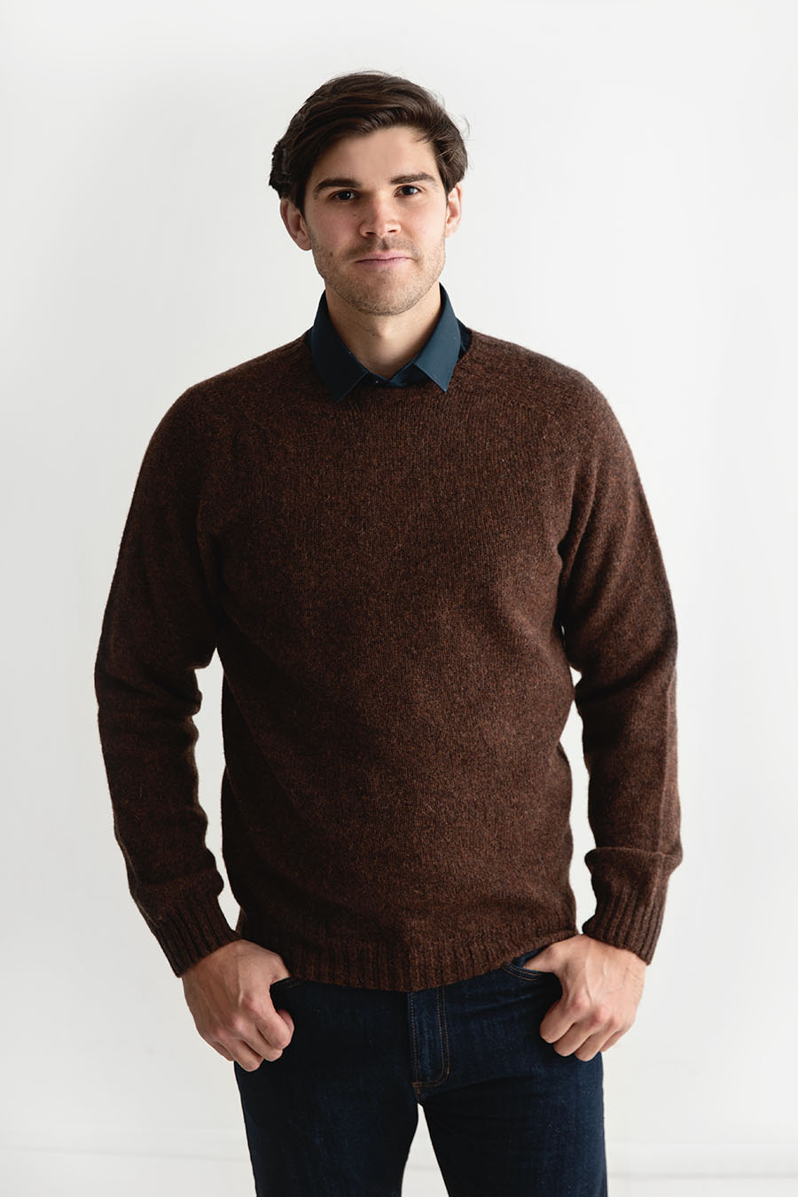 mens coffee brown shetland wool jumper sweater saddle shoulder