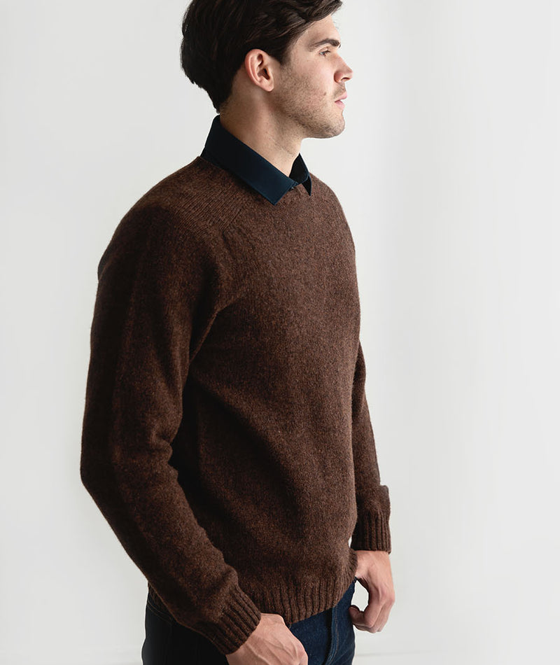 mens coffee brown shetland wool sweater jumper saddle shoulder