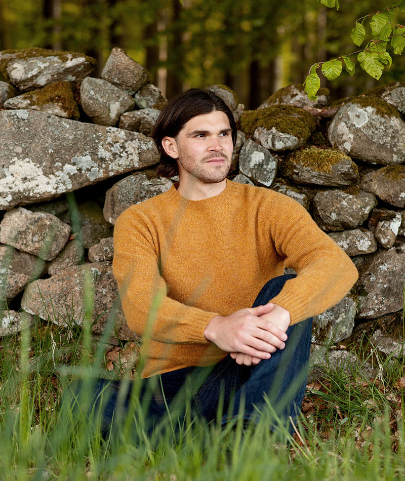 mens dark mustard shetland wool jumper sweater crew round neck