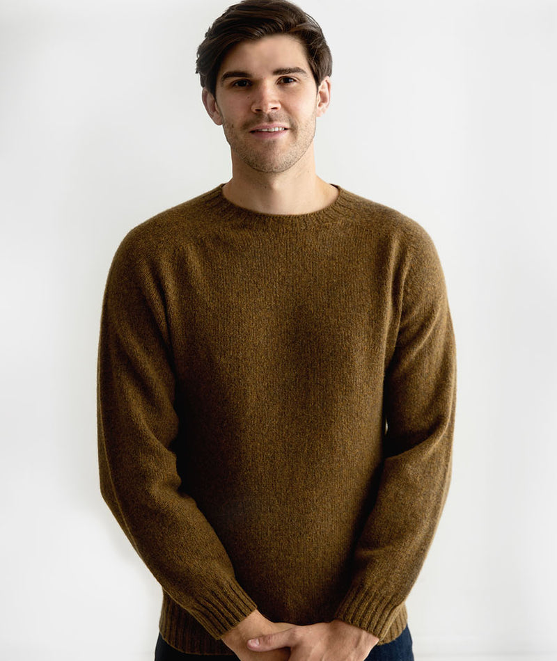 Mens Dark Olive Shetland Jumper Sweater Seamless Saddle Shoulder 