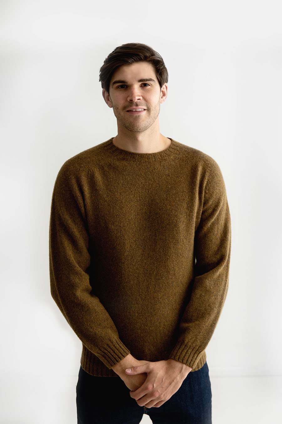 Mens Dark Olive Shetland Jumper Sweater Seamless Saddle Shoulder 