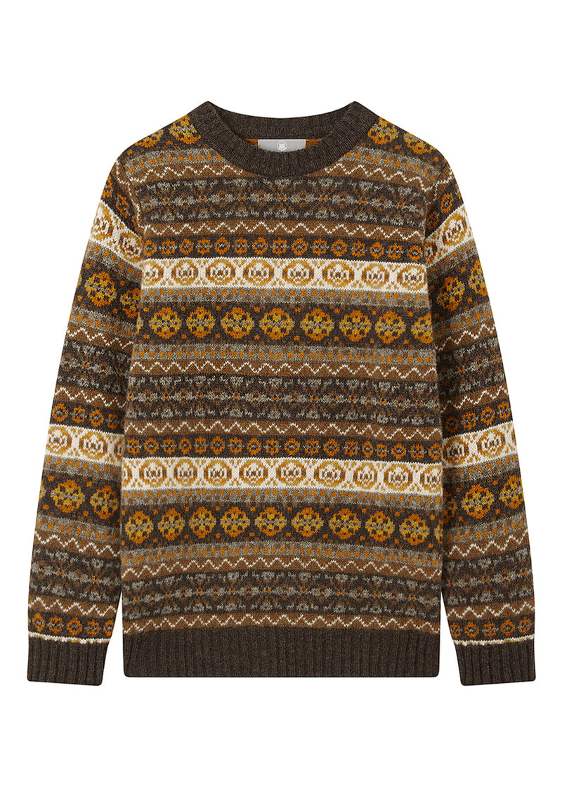 Patterned fair isle sweater with brown, orange, and beige colours on a white background
