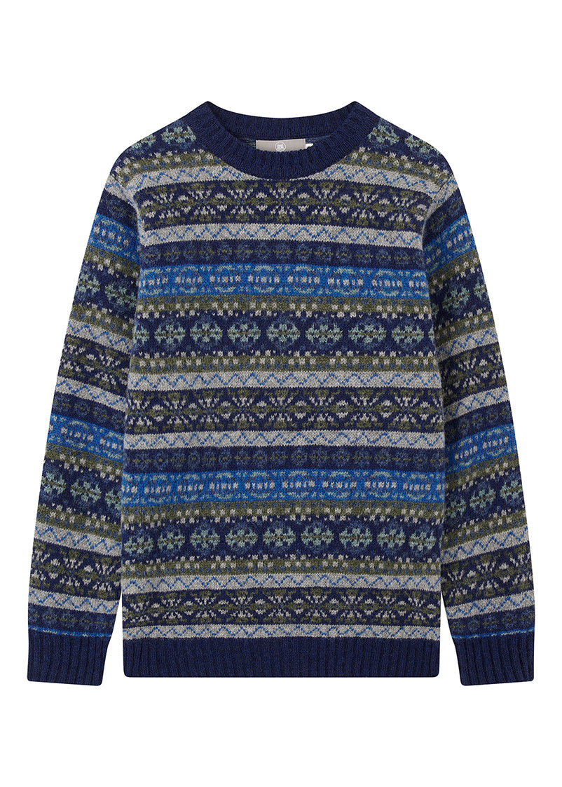 Patterned fair isle sweater with blue, gray, and green colours on a white background